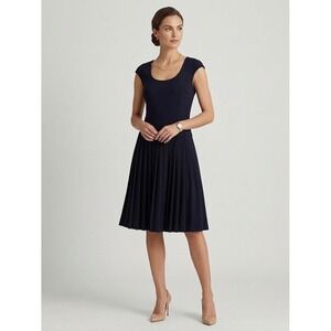 Lauren Ralph Lauren Navy Blue Pleated Drop Waist Scoop Neck Dress Size 8